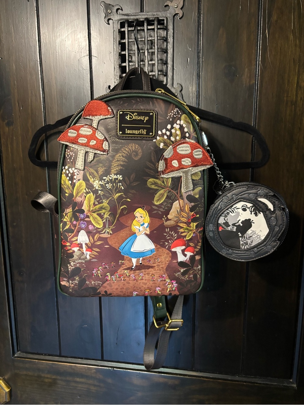 Alice in Wonderland mini backpack brown w mushrooms Disney and coin purse pouch